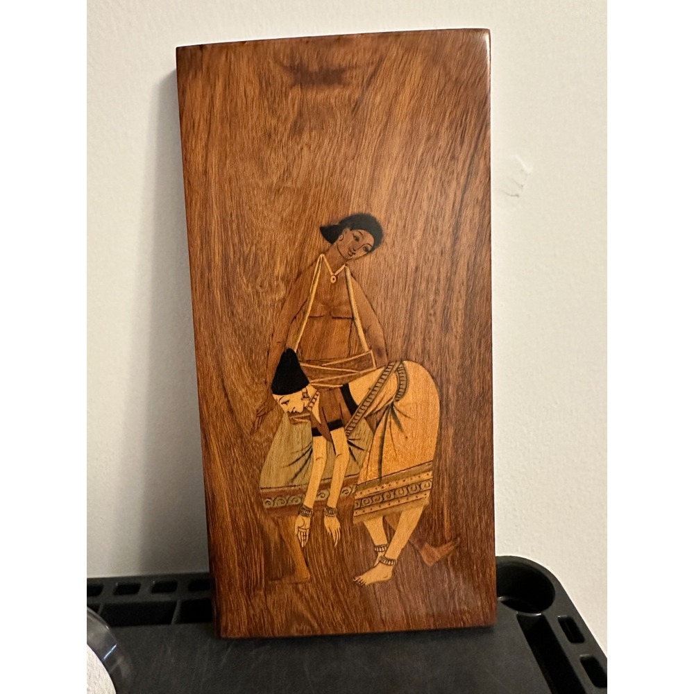 Vintage Marquetry Wood Inlay Wall Art Plaque Cultural Figures Brown Folk Art